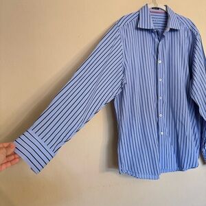 BUGATCHI UOMO Men's Button Down Shirt Sz Large Classic Fit Blue Striped Business